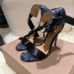 Gianvito Rossi Blue Floral Heels with Black Ribbon
